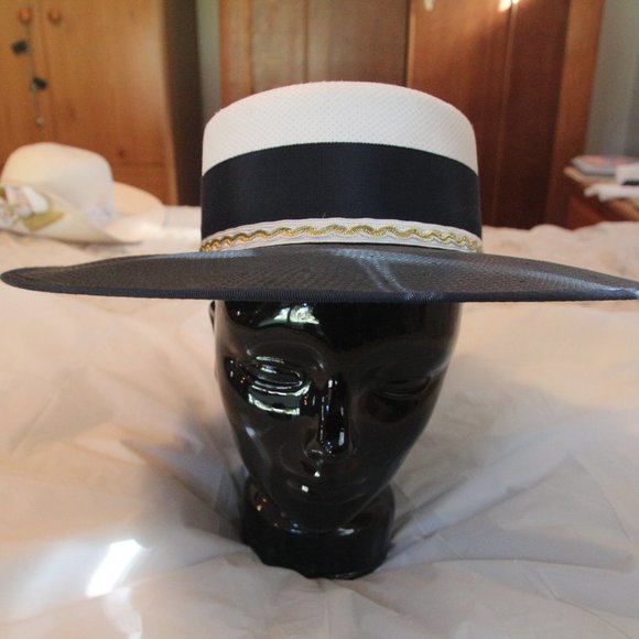 Hat wide brim navy blue & white with gold trim Size 7 (small to medium) - Picture 2 of 6